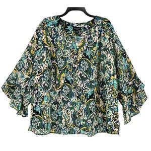 Investments Blouse Top Women's 3X Paisley‎ Etched Button Front Ruffle Sleeve